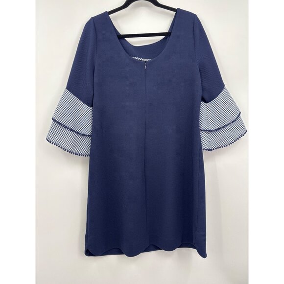 J. Howard Textured Gingham Tiered Bell Sleeve Dress Navy Size 16 - Picture 4 of 8